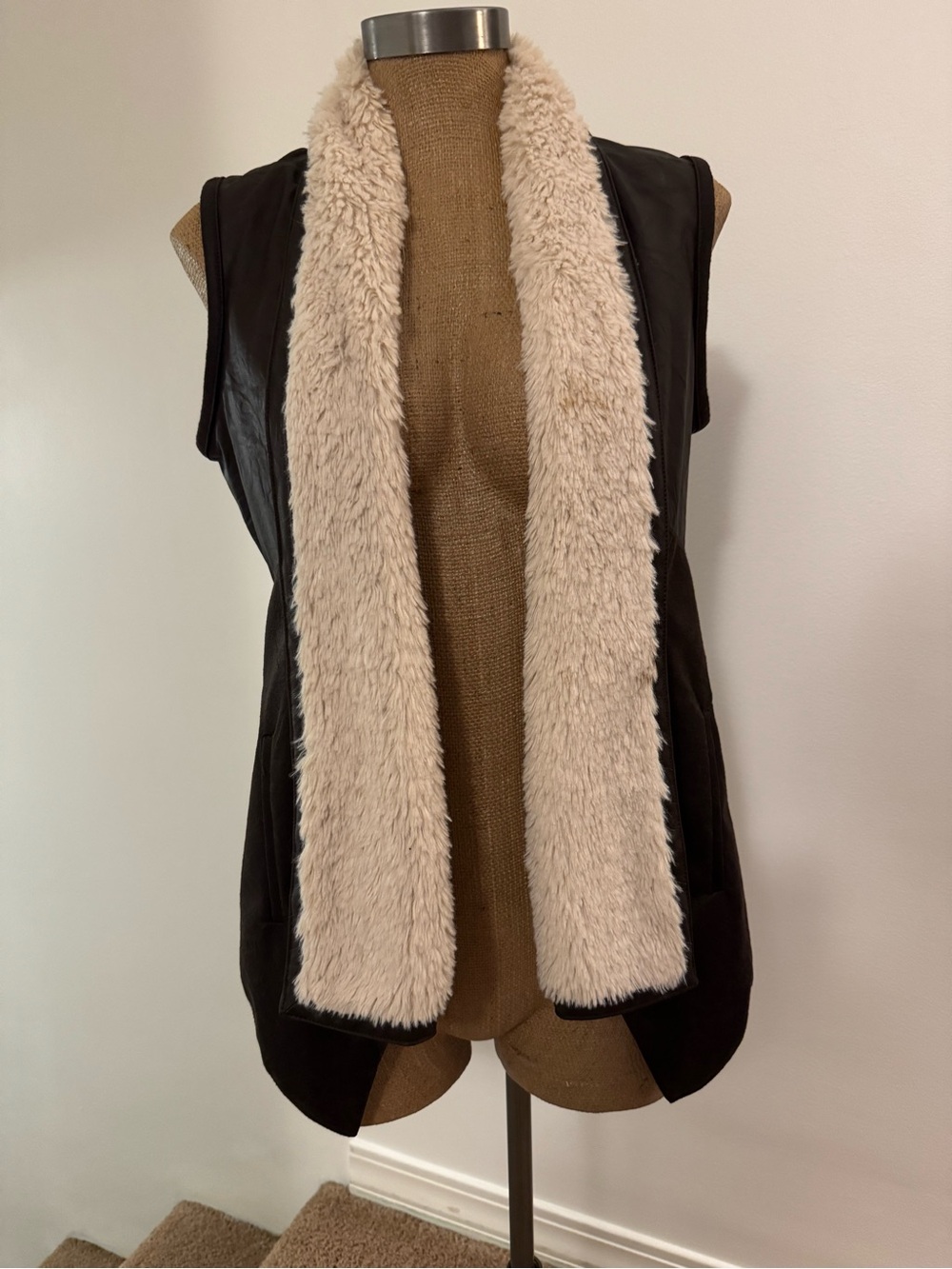 Jack by BB Dakota Black Faux Leather Vest with Cream Faux Fur Trim